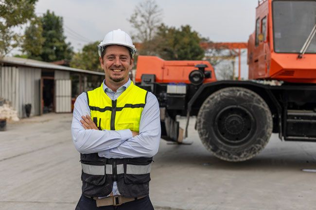 A construction company business owner stands outside with a hard hat and safety vest in front of one of his construction vehicles.